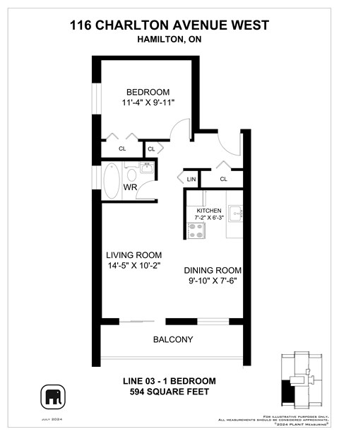 A floor plan for a condo at 116 Charlton Avenue West in Hamilton, Ontario.